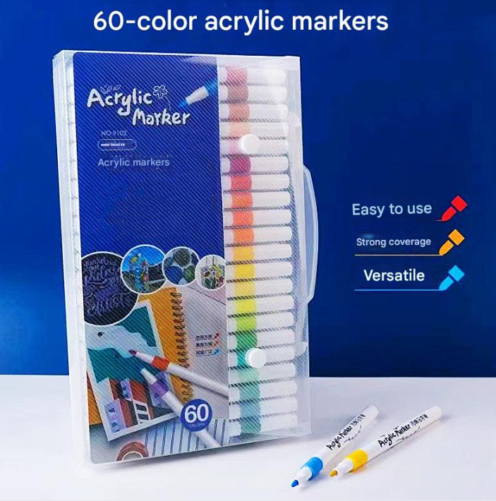 Packaging of 60-color acrylic markers with color swatches on a blue background
