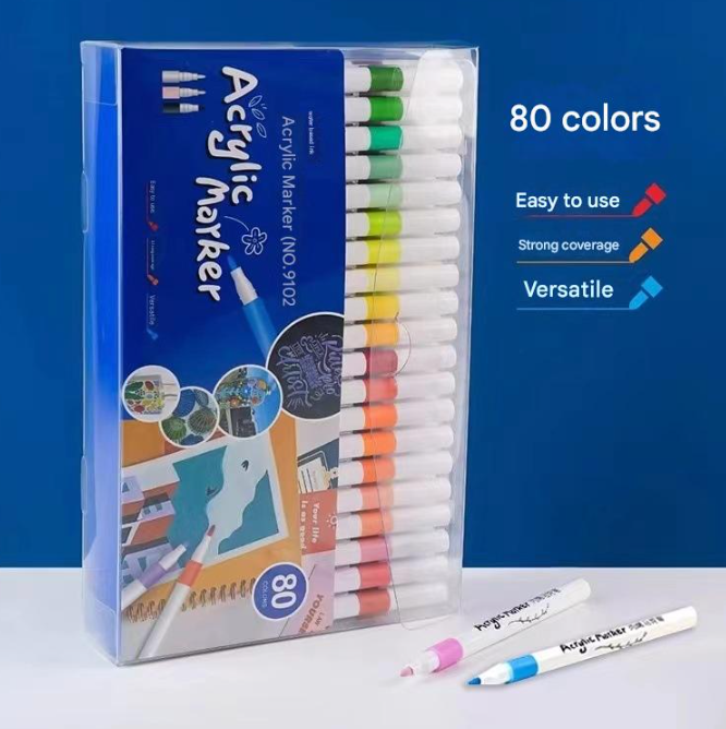 Set of acrylic markers with packaging displaying 80 colors, ease of use, strong coverage, and versatility on a blue background.