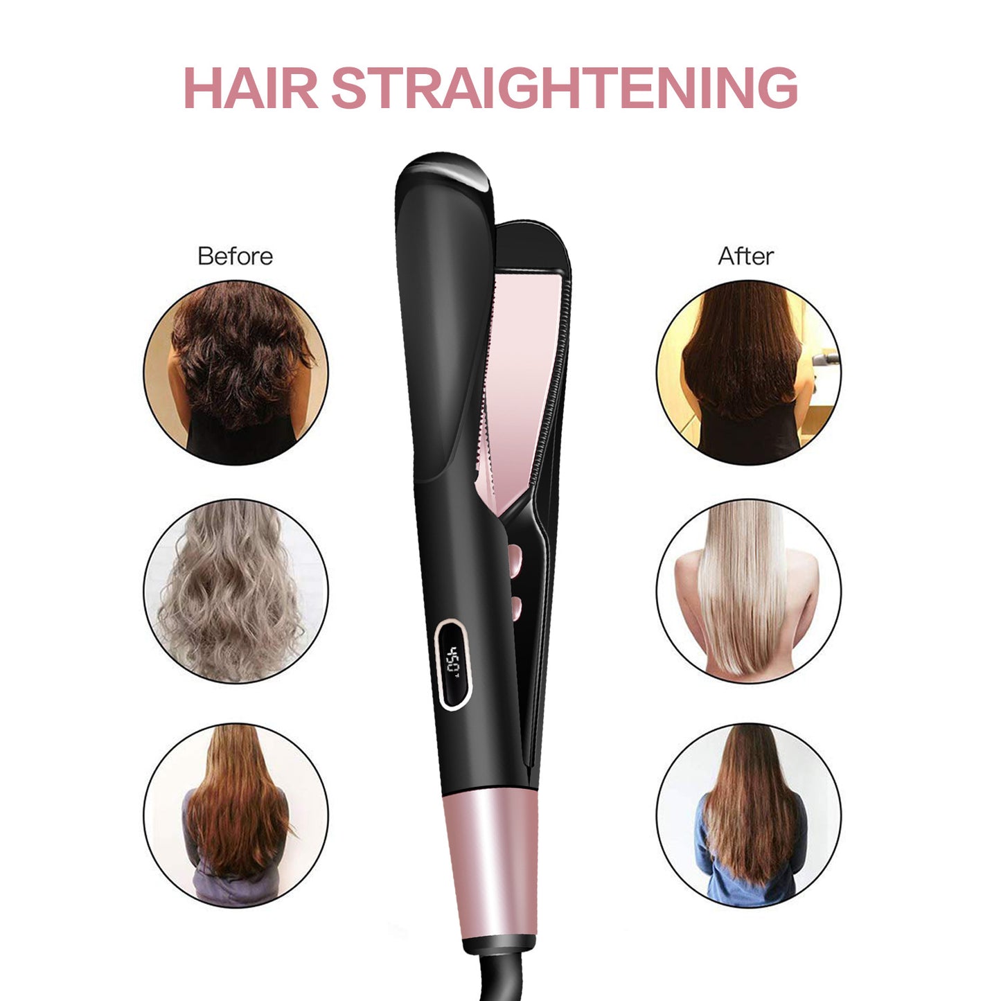 Hair straightening tool with 'Before' and 'After' hair images on a white background