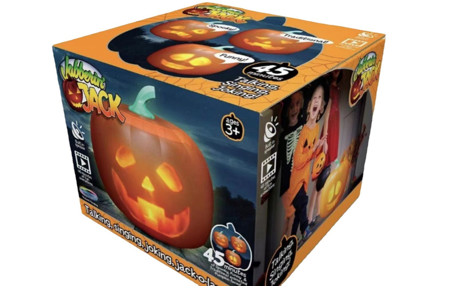 Halloween-themed product packaging with pumpkins and a child.