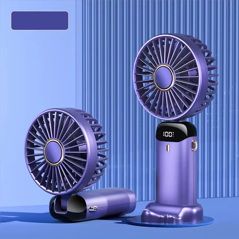 Purple handheld fan with digital display on a blue background