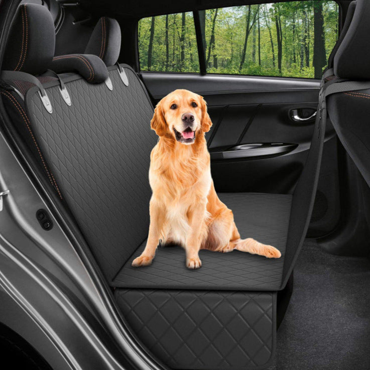 Dog sitting on a black car seat cover in a vehicle with greenery outside.
