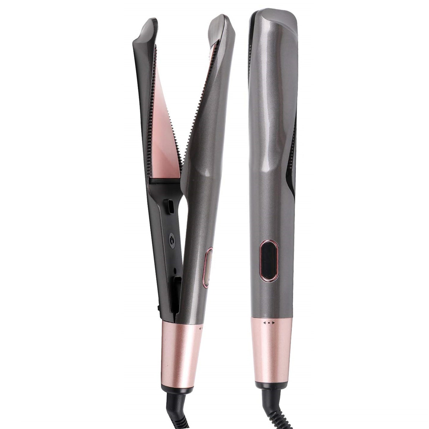 Hair straightener with rose gold and black design on a white background