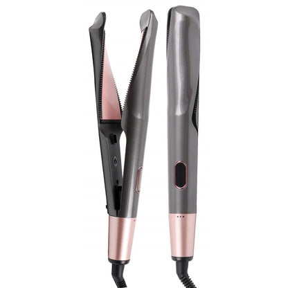 Hair straightener with rose gold and black design on a white background