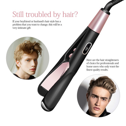Hair straightener with a man's face on either side, text about hair issues and solutions.