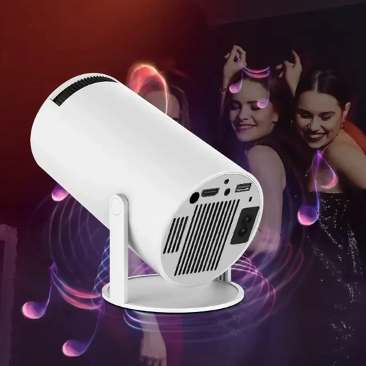White cylindrical light projector with colorful light effects on a dark background
