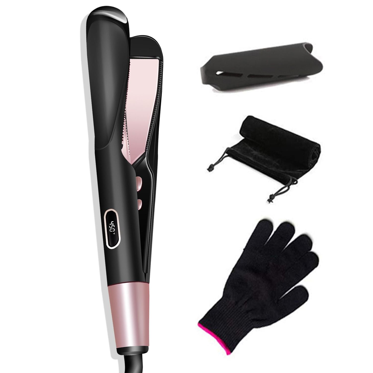 Hair straightener  curler with pink accents, protective gloves, and carrying case on a white background