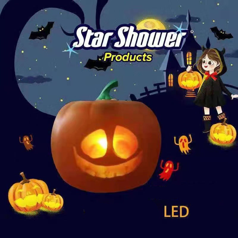 Halloween-themed product advertisement with glowing pumpkin, ghost, and witch figure, featuring 'Star Shower Products'.