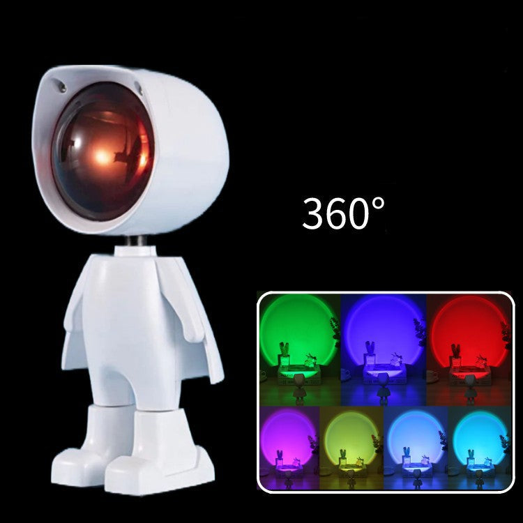 White robot-like lamp with colorful LED lights on a black background