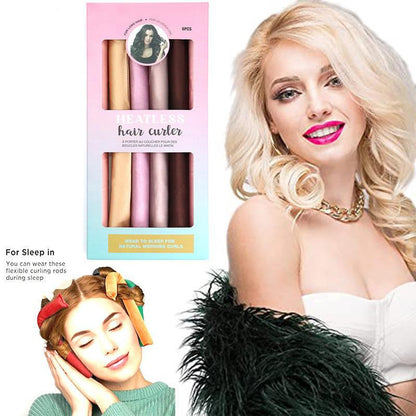 Hair curler packaging with a model wearing styled hair and a feather boa.