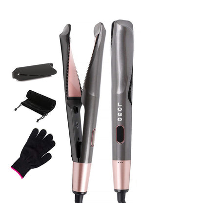 Hair straightener with attachments and gloves on a white background