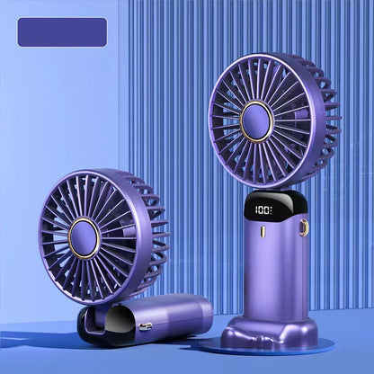 Purple handheld fan with digital display on a blue background