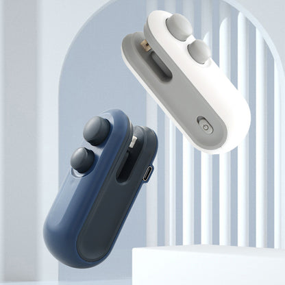 Two mini bag sealer, one blue and one white, on a light gray background.