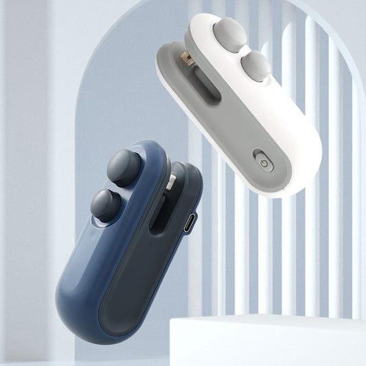 Two mini bag sealer, one blue and one white, on a light gray background.