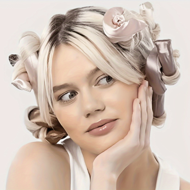 Woman with blonde hair in rollers on a white background
