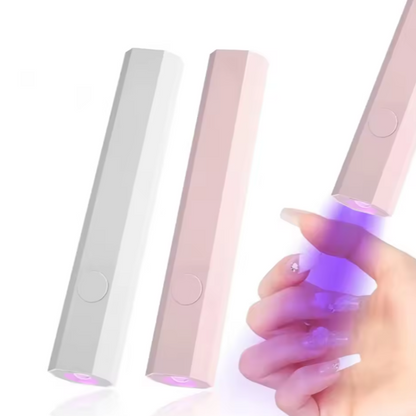 Two handheld LED UV Mini Lamp, one white and one pink, with a hand holding a purple light.