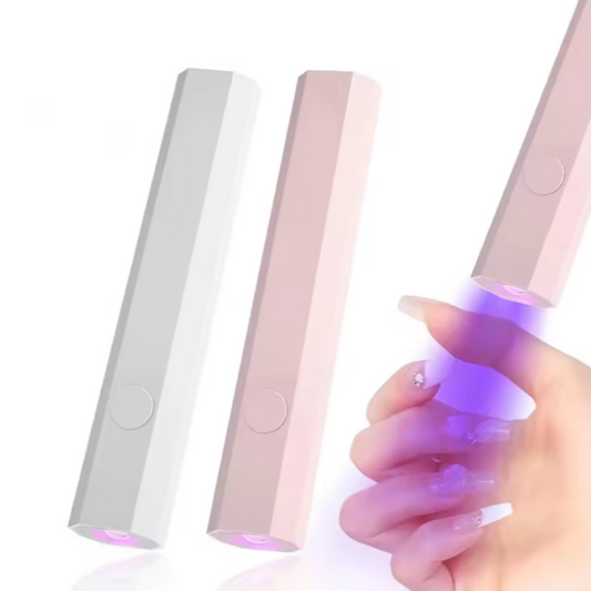 Two handheld LED UV Mini Lamp, one white and one pink, with a hand holding a purple light.