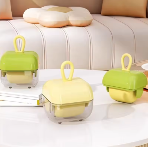 Three Washable Hair Remover Mini Rollers, colorful containers with lids on a white surface.
