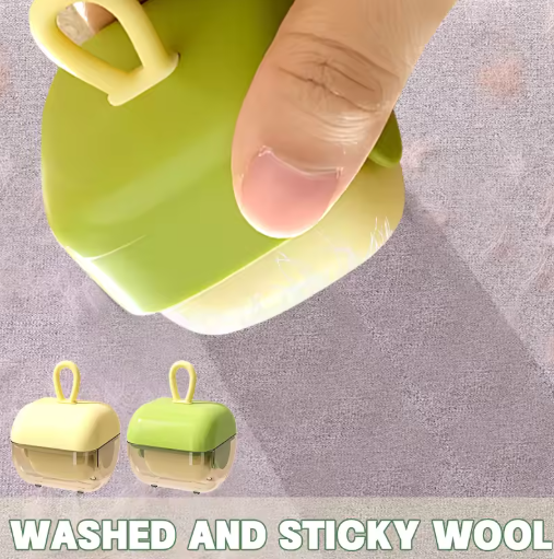 Green and yellow Washable Hair Remover Mini Rollers with a hand holding them, on a textured gray background.