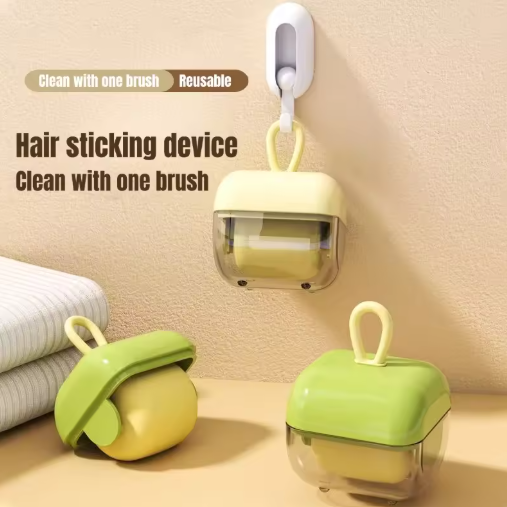 Washable Hair Remover Mini Rollers with green and clear components on a beige background
