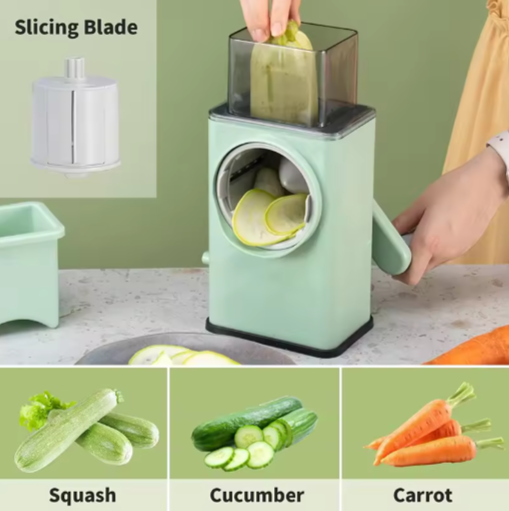 Green vegetable slicer with a person using it, showing sliced squash, cucumber, and carrot on a light green background.